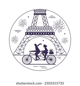 Travel Paris circle icon with Eiffel tower, fireworks and tandem bicycle. Popular Paris monument and tourist attraction.