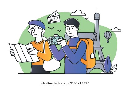 Travel paris concept. Man with camera and girl with cat on background of Eiffel Tower. Tourists in French sights. Vacation, travel and adventure, culture trip. Cartoon flat vector illustration