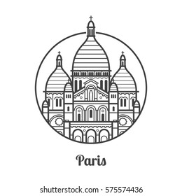 Travel Paris icon. Sacre Coeur church is one of the famous architectural landmarks and tourist attractions in capital of France. Thin line Basilica of the Sacred Heart of Paris icon in circle.