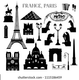 Travel Paris icon set. Vacation in Europe design elements. Travel to visit famous places of France  silhouettes over white background. Landmark collection.