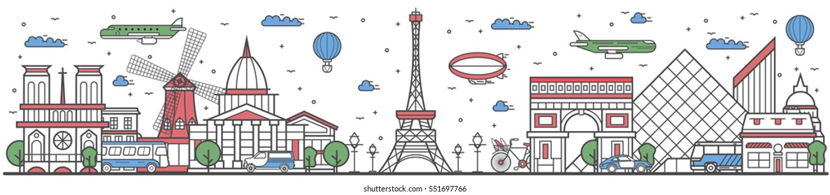 Travel Paris landmark banner vector illustration. World tour in Paris travel concept with famous modern and ancient architectural attractions. Must see Paris landmark panorama, tourist travel design