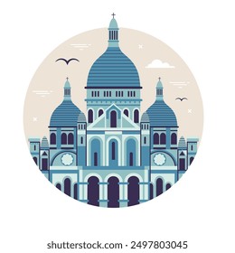 Travel Paris landmark circle icon inspired by Sacre Coeur church tourist attraction in capital of France. Basilica of Sacred Heart of Paris building monument.