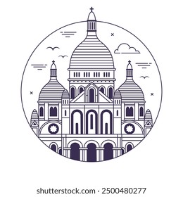 Travel Paris landmark circle icon inspired by Sacre Coeur church tourist attraction in capital of France. Basilica of Sacred Heart of Paris building monument in line art design.