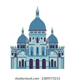 Travel Paris landmark icon inspired by Sacre Coeur church tourist attraction in capital of France. Basilica of Sacred Heart of Paris building monument.