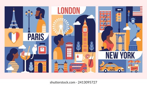 Travel to Paris, London, New York modern poster design in trendy geometrical style. Template for greeting cards, banner and background