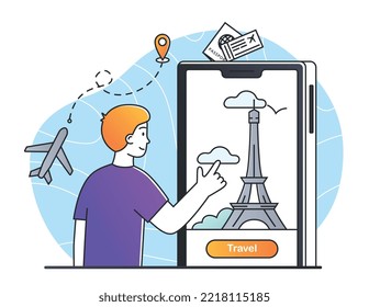 Travel at Paris. Man with smartphone buys tickets to France. Tourist goes to see Eiffel Tower. Traditions and culture. Vacation and holiday, leisure and rest. Cartoon flat vector illustration