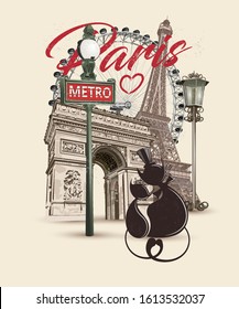 Travel Paris poster with Eiffel Tower and Triumphal Arch,Typography, t-shirt design.