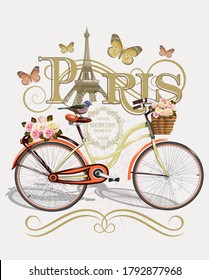 Afiche de viaje de París con Torre Eiffel y bicicleta, tipografía, diseño de camisetas.