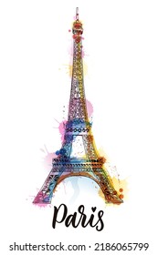Travel to Paris poster, greeting card, print with hand drawn calligraphy lettering. Vector sketch illustration of Eiffel Tower on colorful watercolor background. France famous symbol isolated on white
