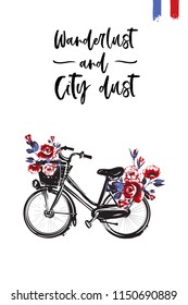 Travel Paris promo flyer. Greeting card with city bike with flowers basket and text: wanderlust and city dust. Postcard with french landmarks and sights.