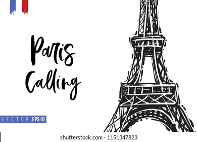 Travel Paris promo flyer. Greeting card with Eiffel tower and text: paris calling. Postcard with french landmarks and sights. Travel concept postcard design for tourists in Paris, France.