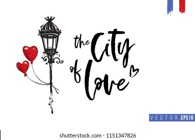 Travel Paris promo flyer. Greeting card with street lantern and heart balloon and text: the city of love. Postcard with french landmarks and sights.