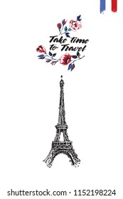 Travel Paris promo flyer. Greeting card with Eiffel tower and text: take time to travel. Postcard with french landmarks and sights. Travel concept postcard design for tourists in Paris, France.