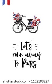 Travel Paris promo flyer. Greeting card with city bike with flowers basket and text: let's run away to paris. Postcard with french landmarks and sights.