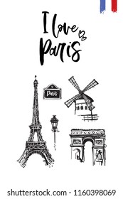 Reisen Sie Paris Promo Flyer. Grußkarte mit Pariser Architektur und Text: Ich liebe Paris. Postkarte mit französischen Sehenswürdigkeiten und Sehenswürdigkeiten. Reisekonzept Postkartendesign für Touristen in Paris, Frankreich.