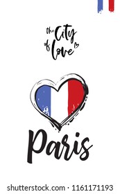 Travel Paris promo flyer. Greeting card with Paris sign and French flag heart and text: the city of love. Postcard with french landmarks and sights.