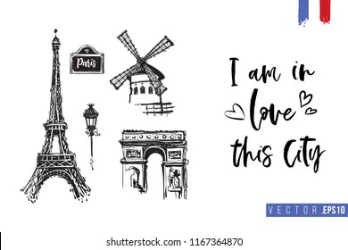 Travel Paris promo flyer. Greeting card with Paris architecture and text: i'm in love this city. Postcard with french landmarks and sights.