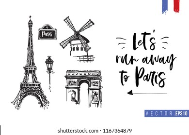 Travel Paris promo flyer. Greeting card with Paris architecture and text: let's run away to paris. Postcard with french landmarks and sights.