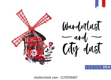 Travel Paris promo flyer. Greeting card with red mill cafe and text: wanderlust and city dust. Postcard with french landmarks and sights. Travel concept postcard design for tourists in Paris, France.