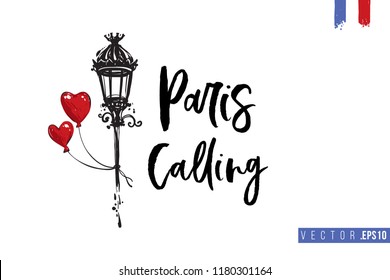 Travel Paris promo flyer. Greeting card with street lantern and heart balloon and text: paris calling. Postcard with french landmarks and sights.