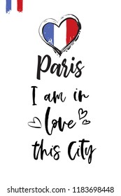 Travel Paris promo flyer. Greeting card with Paris sign and French flag heart and text: i'm in love this city. Postcard with french landmarks and sights.