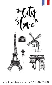 Travel Paris promo flyer. Greeting card with Paris architecture and text: the city of love. Postcard with french landmarks and sights. Travel concept postcard design for tourists in Paris, France.