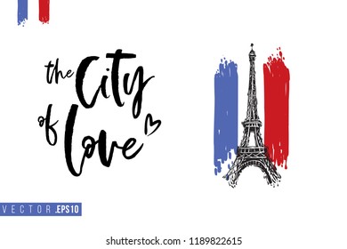 Travel Paris promo flyer. Greeting card with Eiffel tower on French flag and text: the city of love. Postcard with french landmarks and sights.
