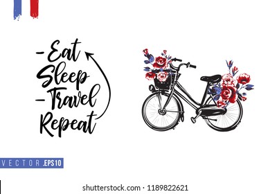 Travel Paris promo flyer. Greeting card with city bike with flowers basket and text: eat, sleep, travel - repeat. Postcard with french landmarks and sights.