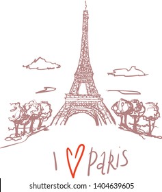 Travel Paris promo flyer. Greeting card. Eiffel tower. hand lettering i love Paris. Postcard with french landmarks,sights. Travel concept postcard design for tourists in Paris, France. doodle scketch