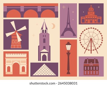 Travel to Paris square icons poster with famous architectural symbols of France. Vintage design postcard, Europe architecture collection. Retro graphics cliparts featuring French building silhouettes.
