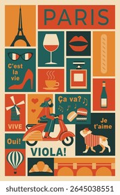 Travel to Paris square icons poster with famous symbols of France. Vintage design greeting card, travel to Europe elements set. Retro graphics cliparts cultural collage, featuring French landmarks.