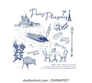 Ilustración vectorial de viaje de París, Arte vectorial de crucero fluvial de París dibujado a mano, Cosas que hacer en París. Obra de arte de las vacaciones francesas para la camiseta, cartel, bolso, impresión gráfica