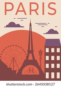 Viaje para Paris cartaz vintage com famosos símbolos da cidade como torre, roda-gigante e silhueta de casal montando bicicleta tandem. Cartão postal retro com monumentos populares e atrações turísticas da França.