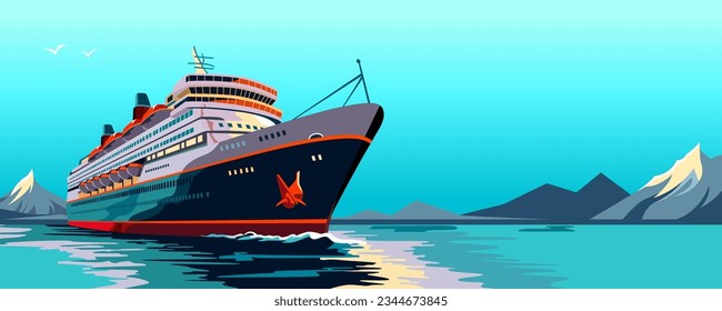 Travel passenger transportation. Journey luxury ship. Ocean water. Sea cruise boat. Modern tourism. Marine vacation. Nautical voyage. Big tour yacht. Large realistic liner. Vector illustration