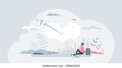 Travel passion or hobby as plane fly through heart shaped cloud tiny person concept. Vacation journey trip using aviation transportation vector illustration. Love for airlines, airplanes and freedom.