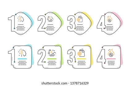 Travel passport, Bitcoin think and Sea mountains icons simple set. Hot loan sign. Trip document, Cryptocurrency head, Summer travel. Discount offer. Business set. Infographic timeline. Vector