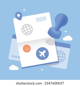 Travel and Passport Concept Illustration - Stamp and Icons on a Blue Background
