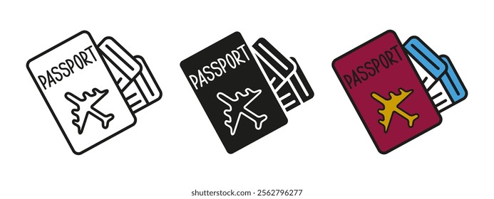 Travel passport icon. International passport vector illustration. ID document VISA symbol. Air ticket. Plane pass. Immigration sign. Foreign country tourism pictogram. Trip or vacation travel concept.