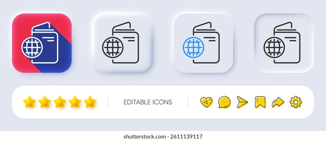 Travel passport line icon. Neumorphic, Flat shadow, 3d buttons. Trip id document cover sign. Abroad holidays symbol. Line travel passport icon. Social media icons. Vector