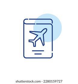 Pasaporte de viaje con símbolo de avión. Icono de línea de trazo editable de píxeles