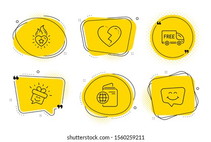 Travel passport, Smile and Smile chat signs. Chat bubbles. Free delivery, Broken heart and Heart flame line icons set. Shopping truck, Love end, Love fire. Trip document. Holidays set. Vector