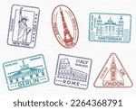 Travel, passport stamps or seals with city landmarks. Vintage badges with grunge texture. Vector illustration.