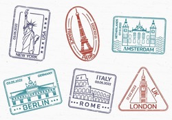 Travel, Passport Stamps Or Seals With City Landmarks. Vintage Badges With Grunge Texture. Vector Illustration.