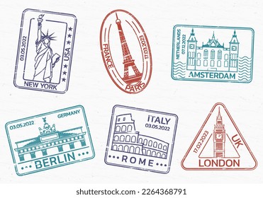 Travel  passport stamps seals and city landmarks  Vintage badges and grunge texture  Vector illustration 
