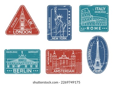 Travel, passport stamps or seals with city landmarks. World famous places set. Vintage grunge texture labels. Vector illustration.