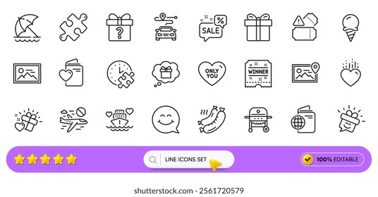 Travel passport, Tickets and Puzzle line icons for web app. Pack of Discounts bubble, Photo, Journey pictogram icons. Ice cream, Secret gift, Gift box signs. Photo location, Smile. Search bar. Vector