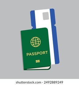 Travel passport vector illustration. The plane ticket and passport are grey on the background.