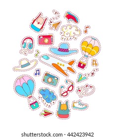 Travel patches set,colorful collection.Doodle airplane,boots,air balloon,musical player,earphones,summer hat,retro camera,sunglasses,clouds...Hand drawn vector illustration.