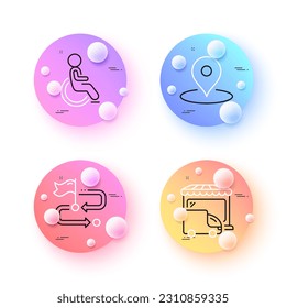 Travel path, Disability and Pin minimal line icons. 3d spheres or balls buttons. Delivery truck icons. For web, application, printing. Flag pointer, Wheelchair user, Map point. Store transport. Vector