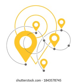 Travel path - dotted curve line with yellow geo markers (pins) and route points - vector isolated illustration for tourism or delivery companies